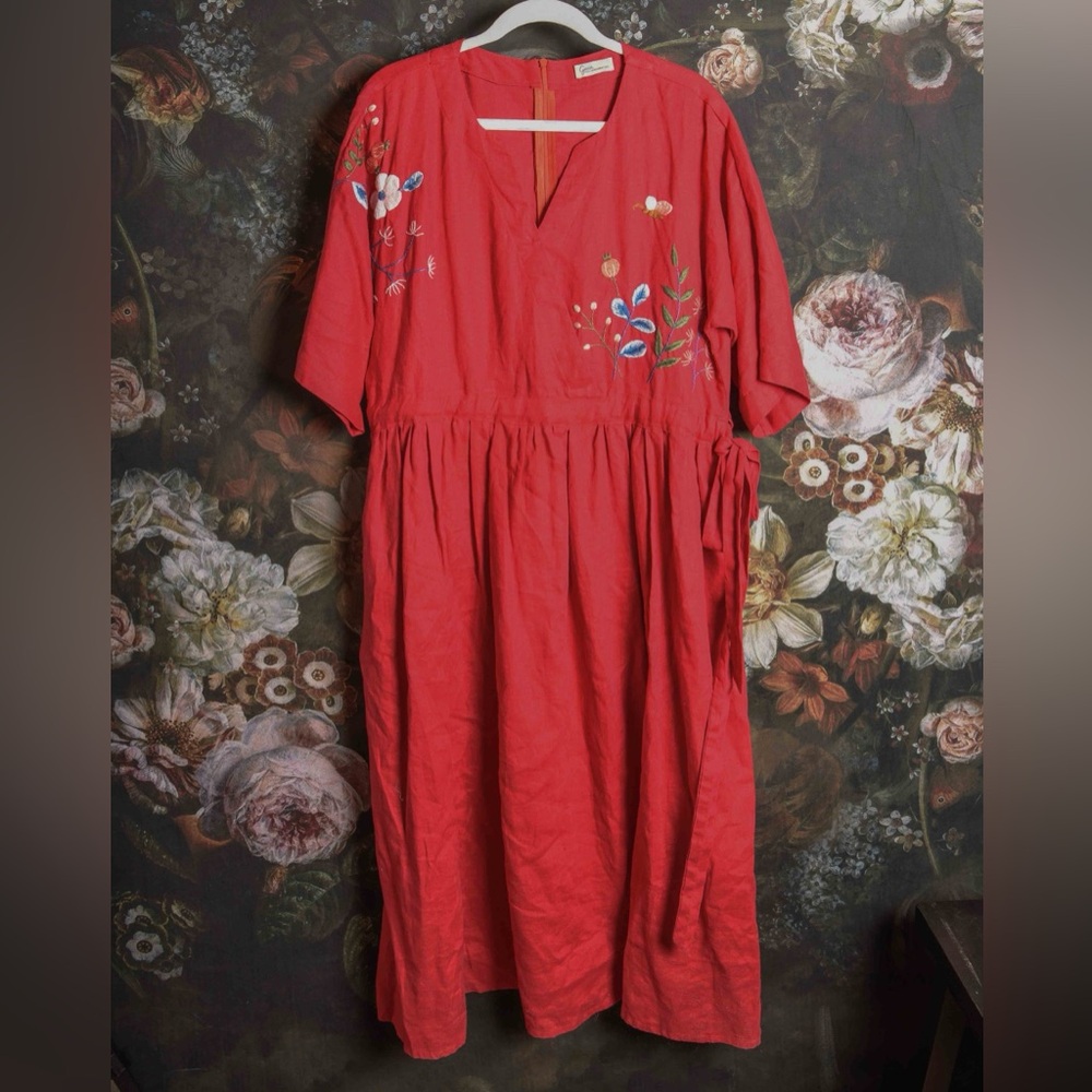 Gaia Truly handmade embroidered linen wrap dress in red NWOT